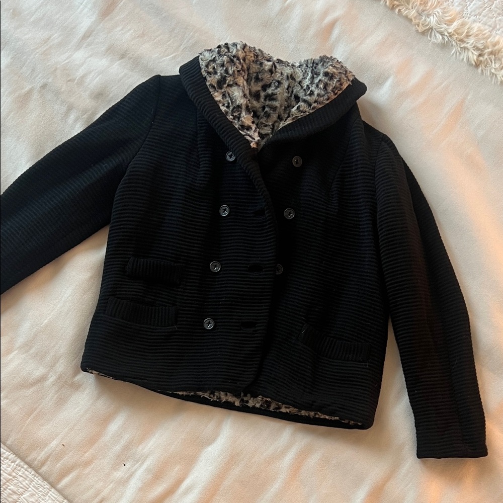 Vintage 1950s/1960s Women's Black Double-Breasted Jacket with Leopard Lining
